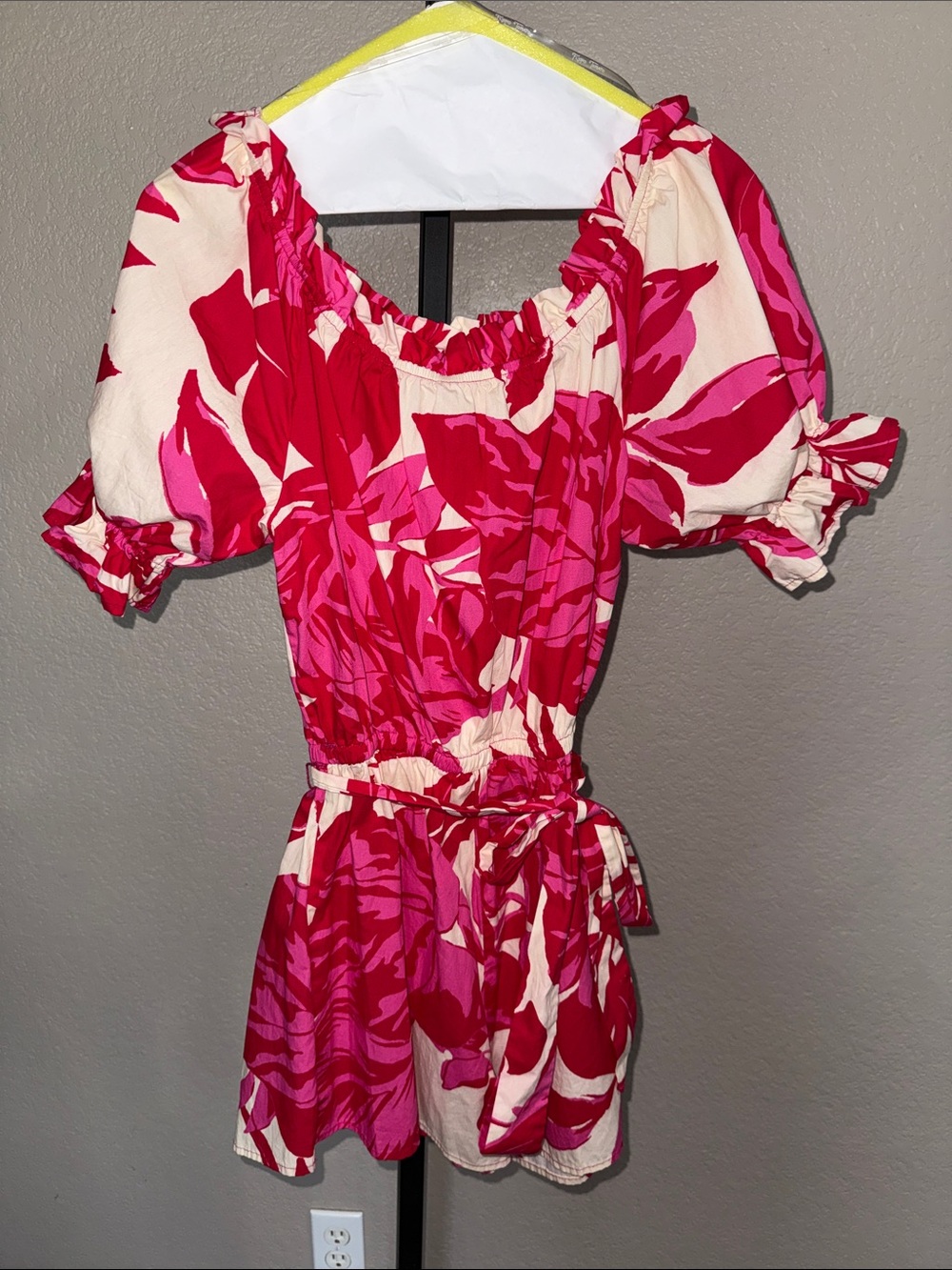 Flying Tomato Pink Floral Off-Shoulder Romper with Removable Belt Small